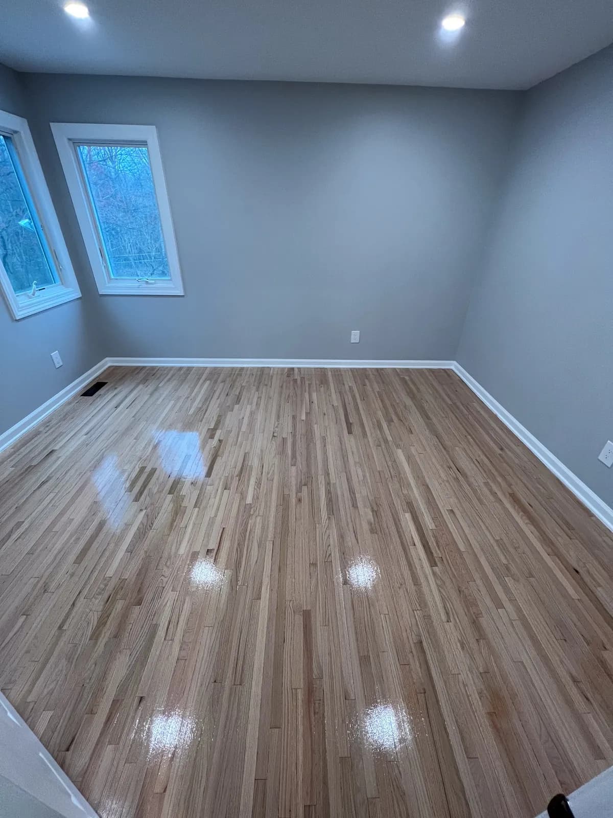 Light oak floor in a room with blue-grey walls, reflecting the windows