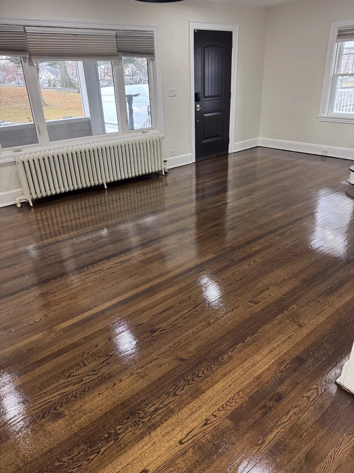 Dark-stained oak floor beside a cast-iron radiator and a black interior door