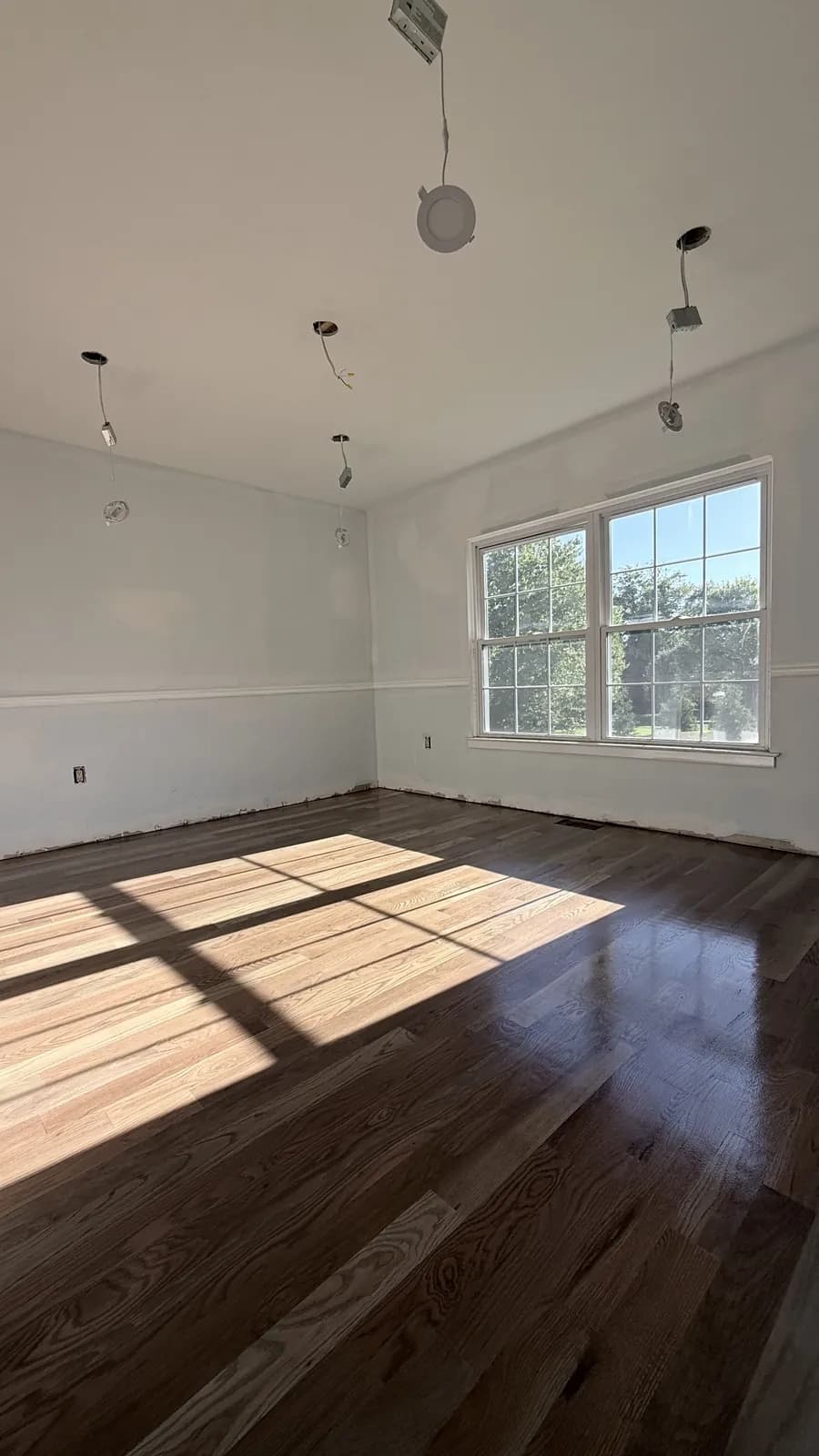 Dark-stained oak floor with a bright rectangle of sunlight from the window