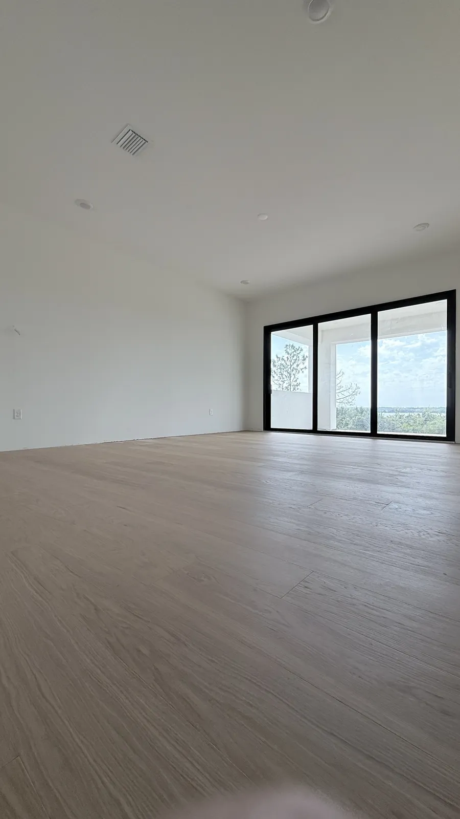 Wide-plank pale oak floor beside a black-framed sliding door