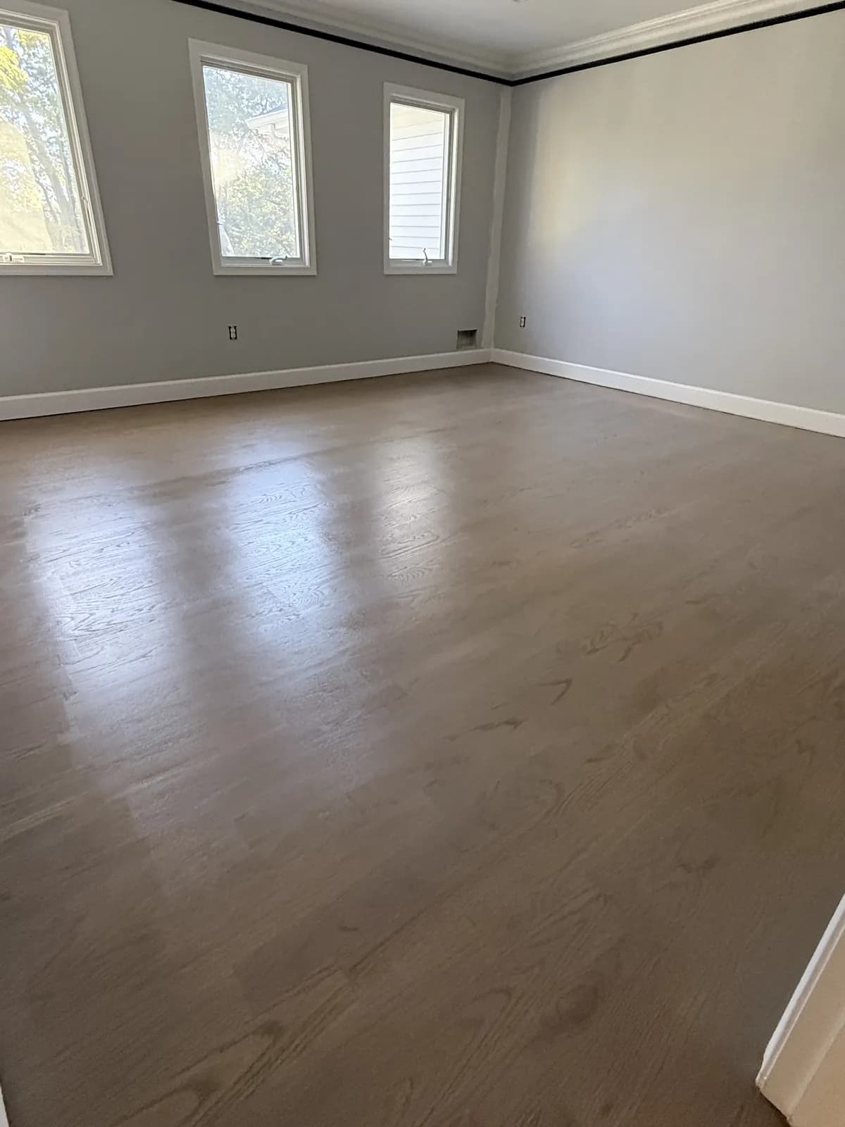 Gray-brown stained oak floor catching window light in an empty room with black crown molding