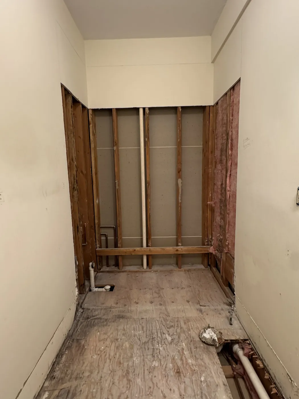 Before: a narrow bathroom seen from the doorway, stripped to the studs and subfloor