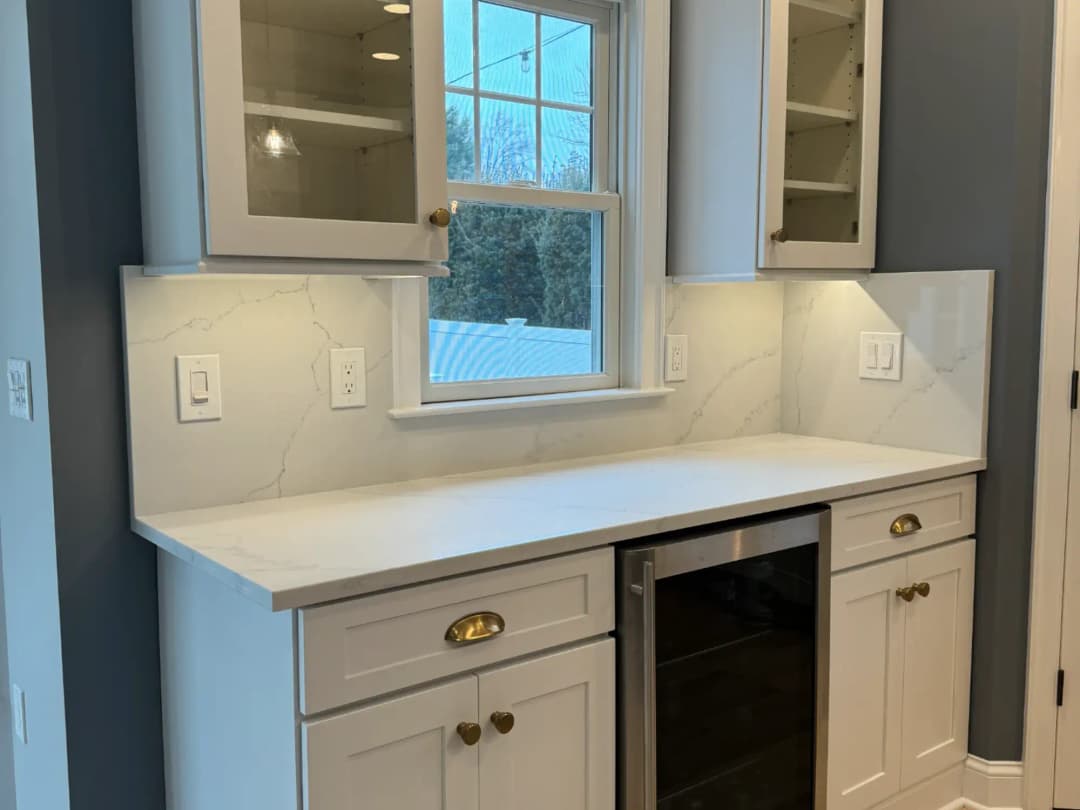 Butler pantry with wine fridge — custom cabinet refinishing NJ