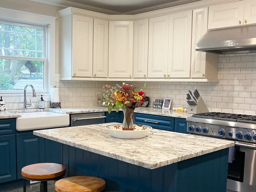 Two-tone island with seating — professional cabinet painting NJ