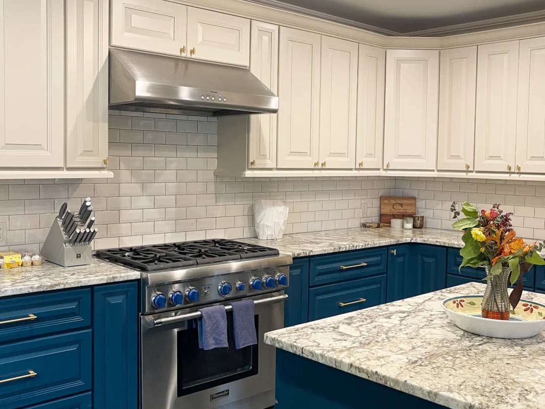 Two-tone navy and white cabinet refinishing — Monmouth County NJ