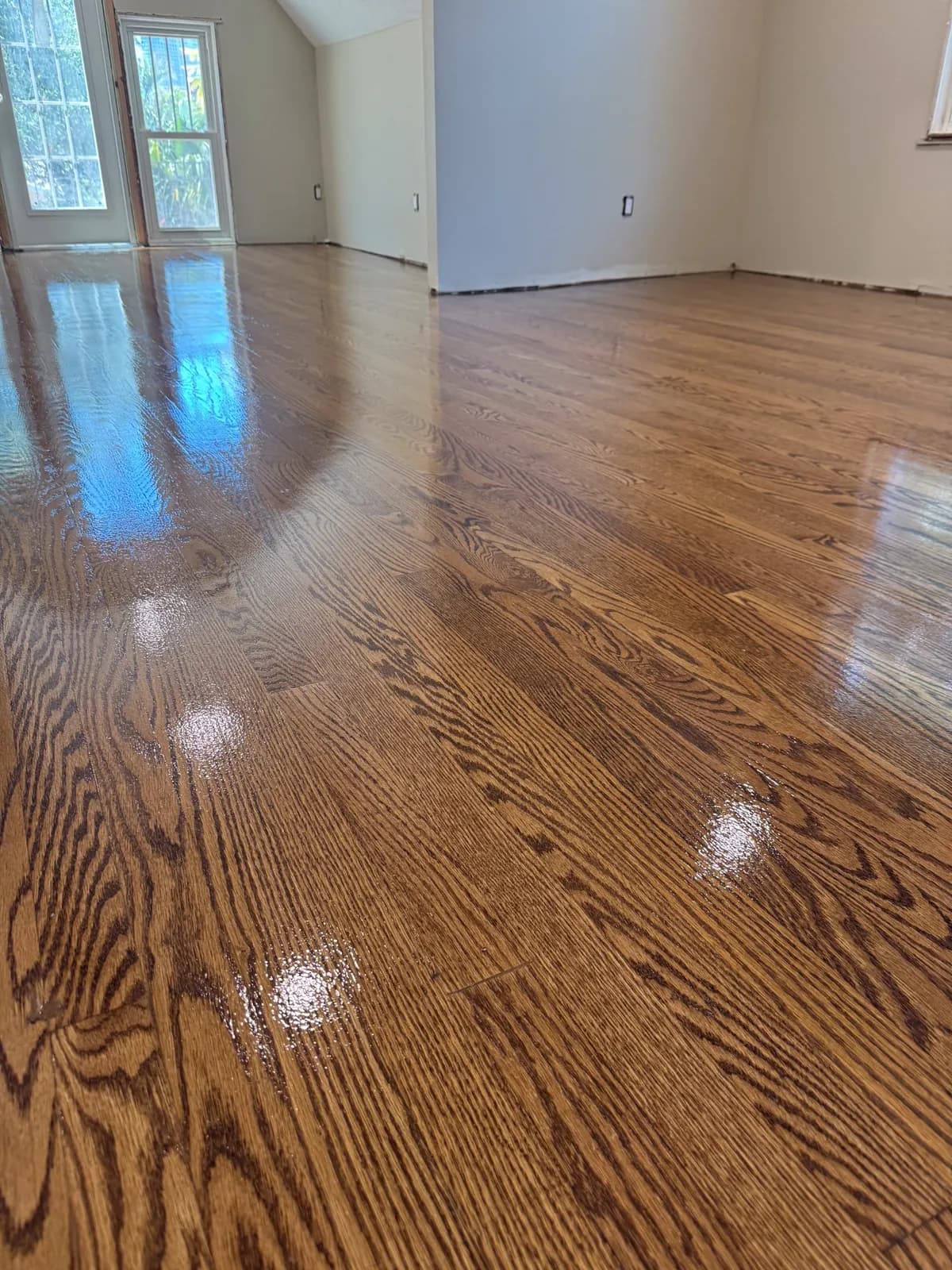 Refinished red oak floorboards with a high-gloss finish catching the window light